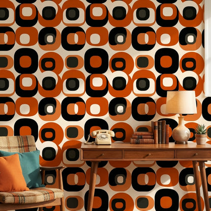 Retro Orange and Black Geometric Pattern Wallpaper