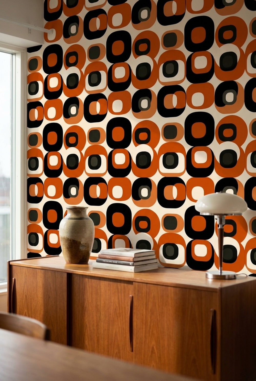 Retro Orange and Black Geometric Pattern Wallpaper