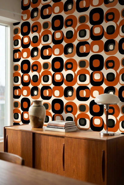 Retro Orange and Black Geometric Pattern Wallpaper