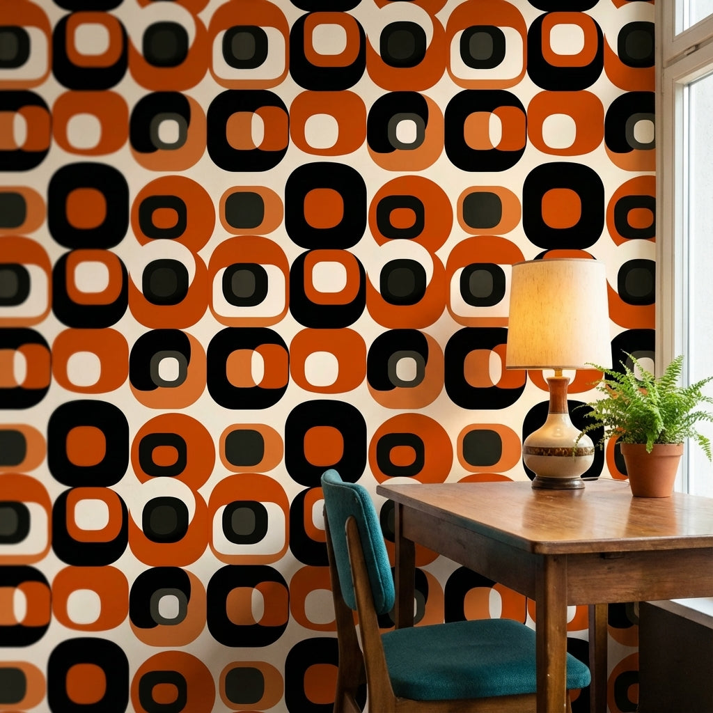 Retro Orange and Black Geometric Pattern Wallpaper
