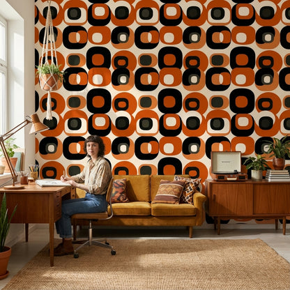 Retro Orange and Black Geometric Pattern Wallpaper