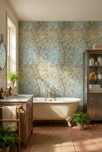 Soft Blue Cherry Blossom and Bird Wallpaper