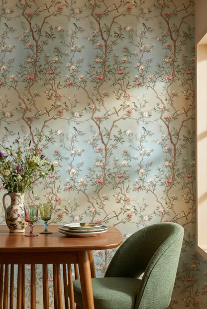 Soft Blue Cherry Blossom and Bird Wallpaper