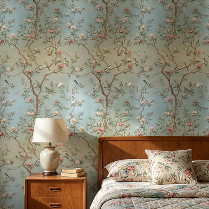 Soft Blue Cherry Blossom and Bird Wallpaper