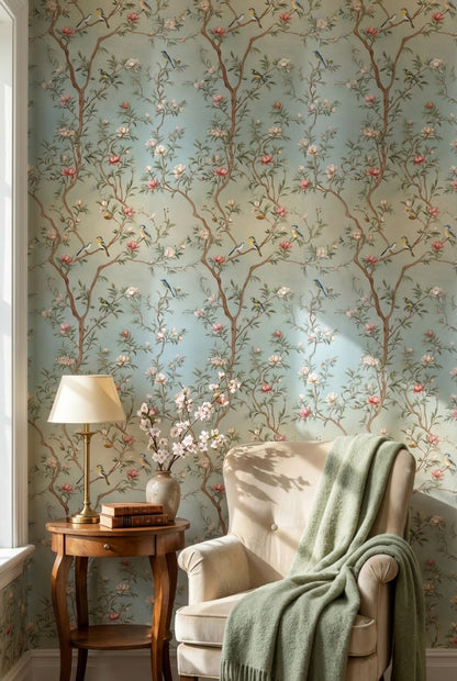 Soft Blue Cherry Blossom and Bird Wallpaper