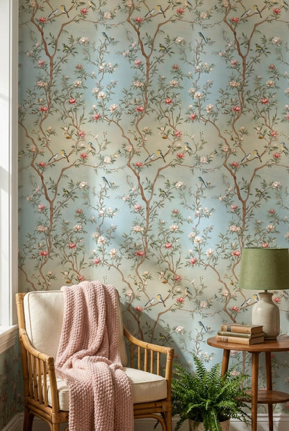 Soft Blue Cherry Blossom and Bird Wallpaper