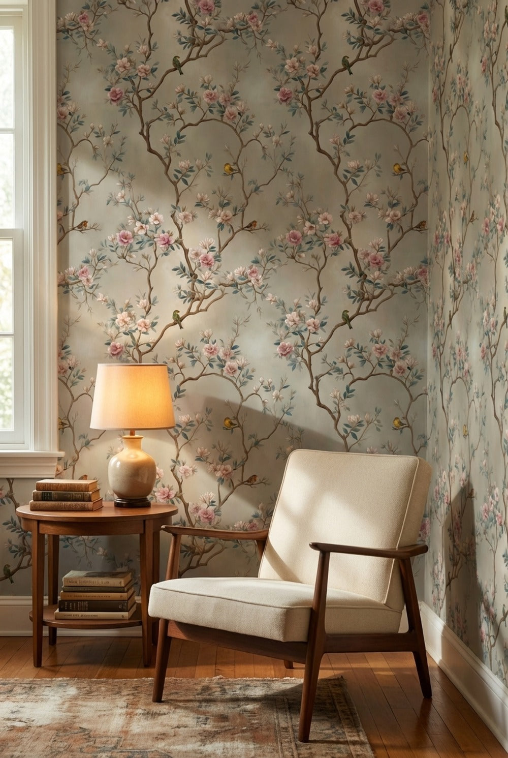 Beige Cherry Blossom and Bird Vintage Wallpaper