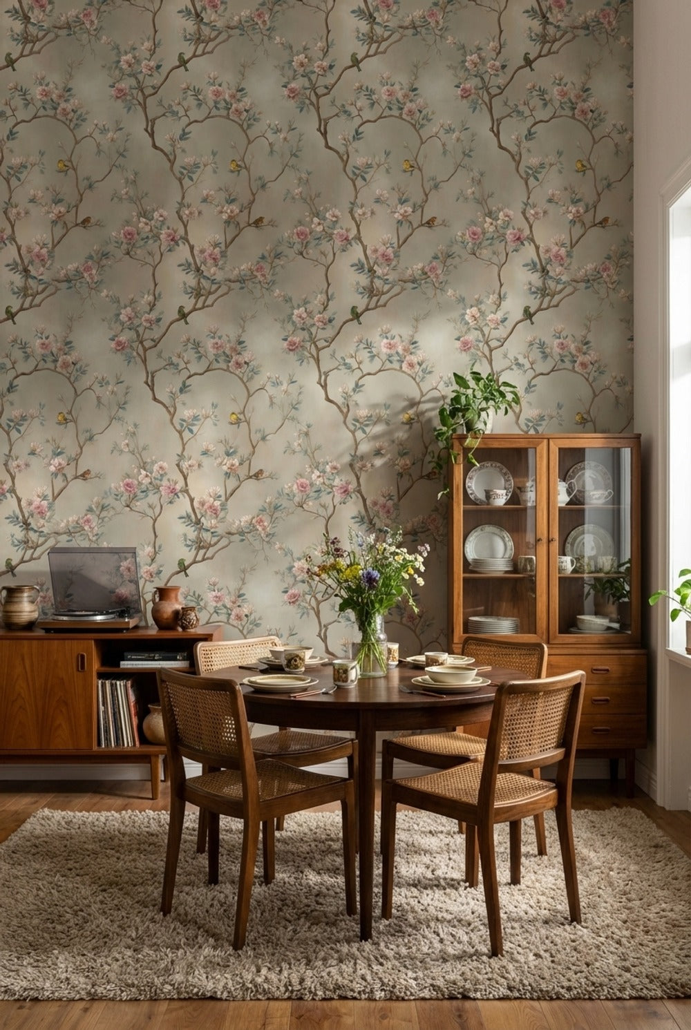 Beige Cherry Blossom and Bird Vintage Wallpaper
