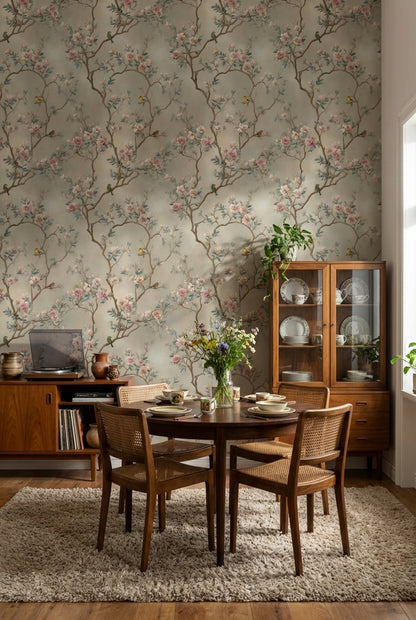 Beige Cherry Blossom and Bird Vintage Wallpaper