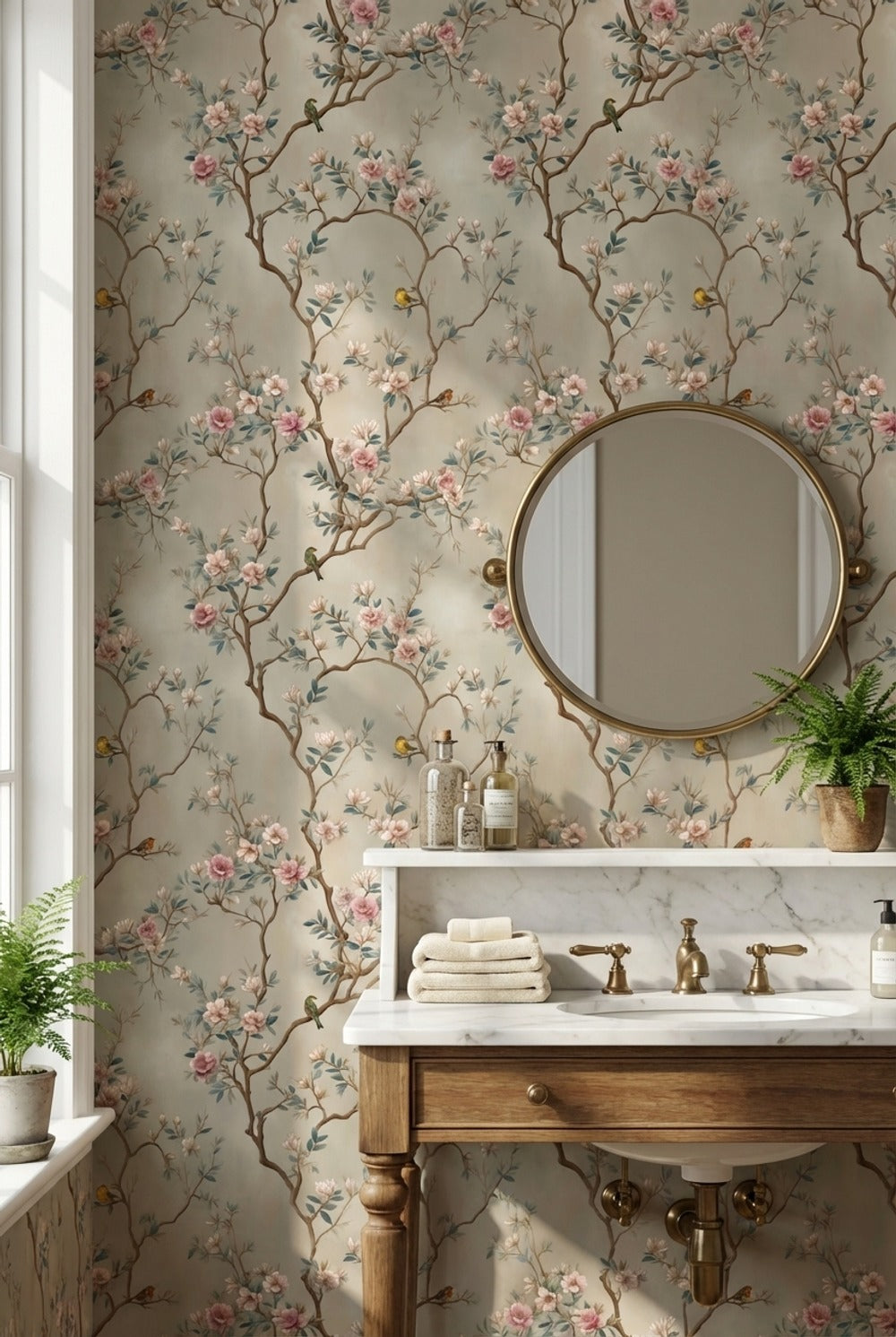 Beige Cherry Blossom and Bird Vintage Wallpaper