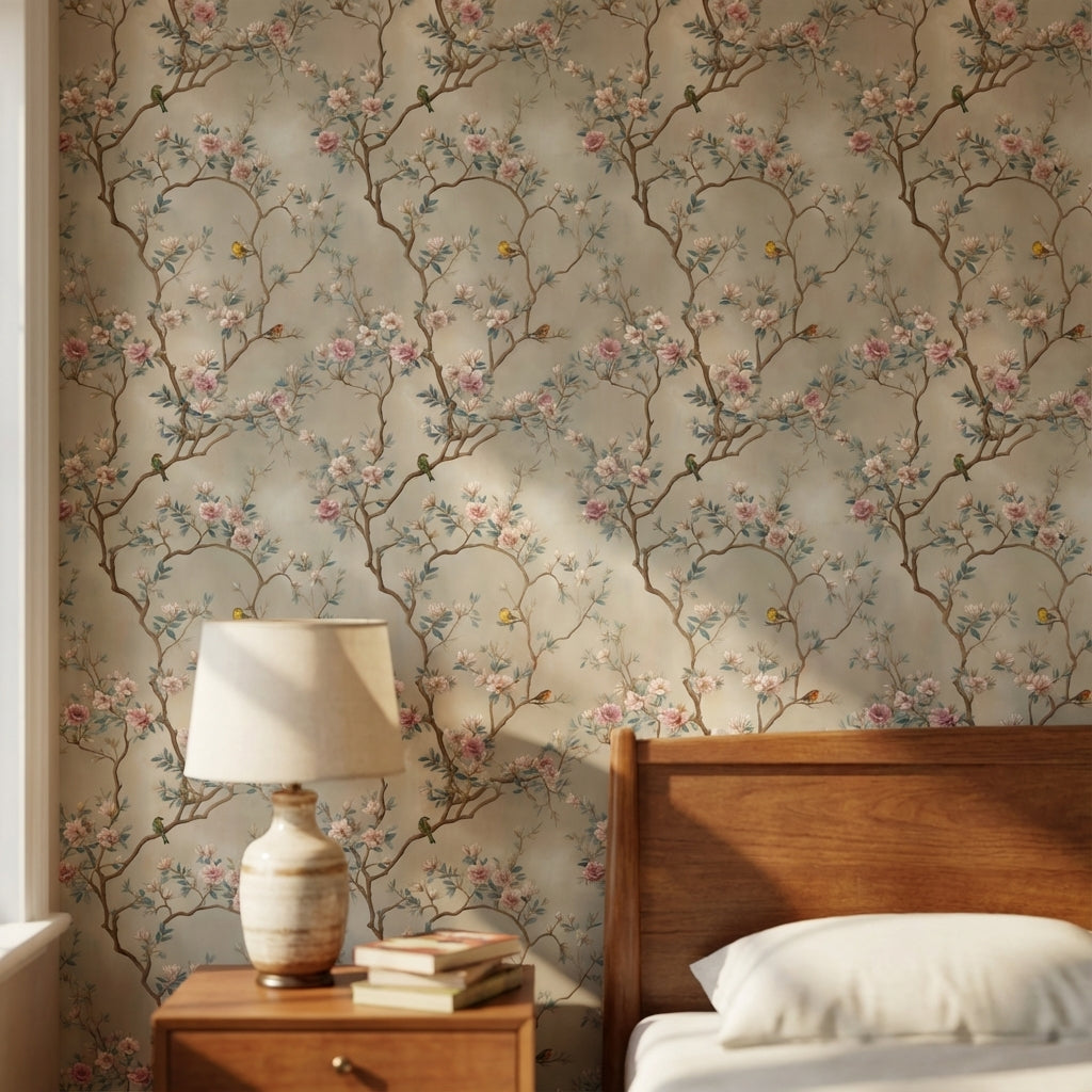 Beige Cherry Blossom and Bird Vintage Wallpaper