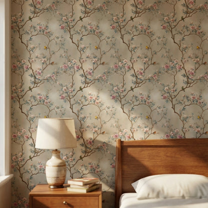 Beige Cherry Blossom and Bird Vintage Wallpaper