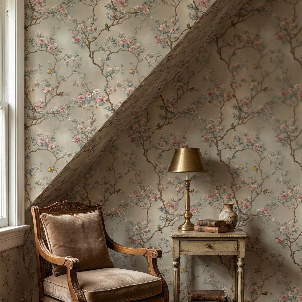 Beige Cherry Blossom and Bird Vintage Wallpaper