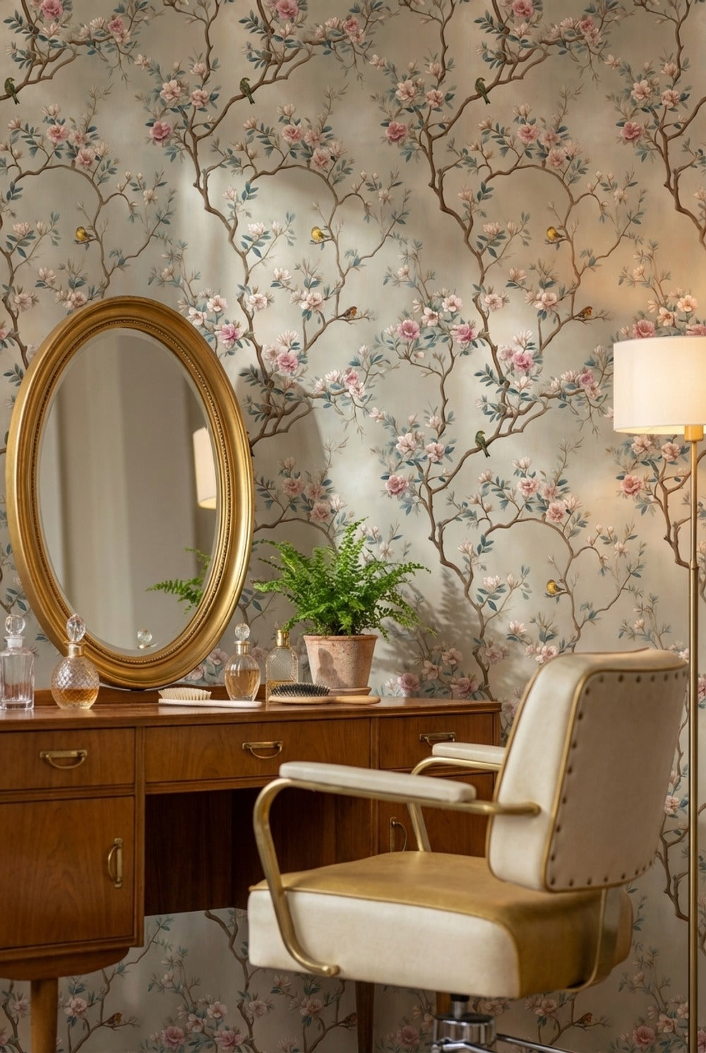 Beige Cherry Blossom and Bird Vintage Wallpaper