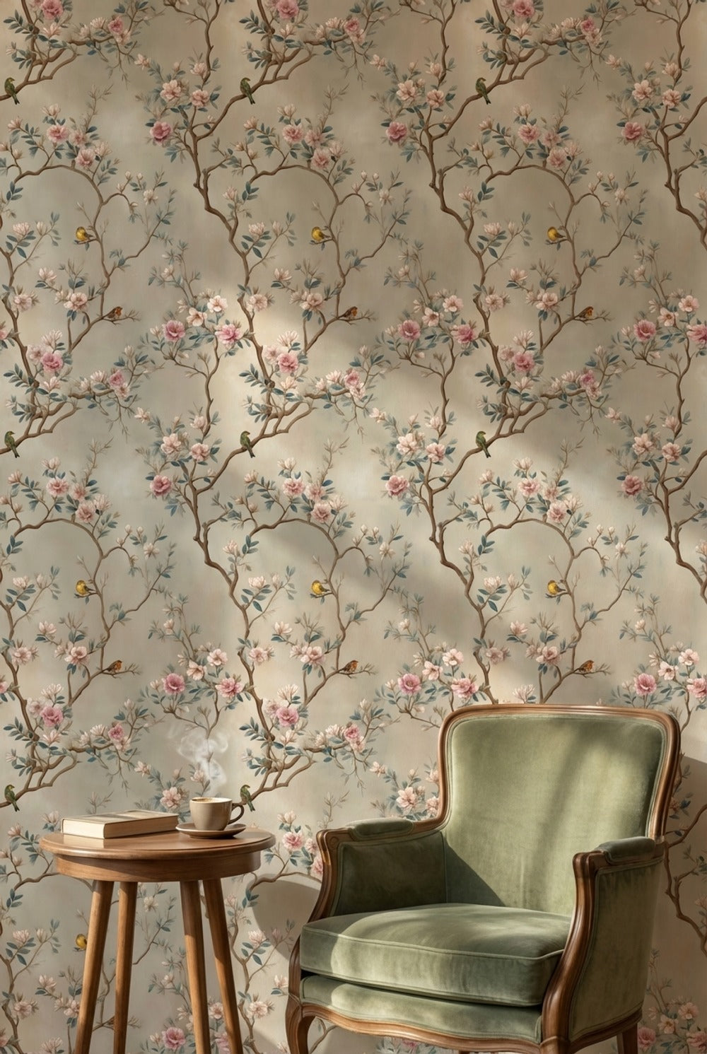 Beige Cherry Blossom and Bird Vintage Wallpaper