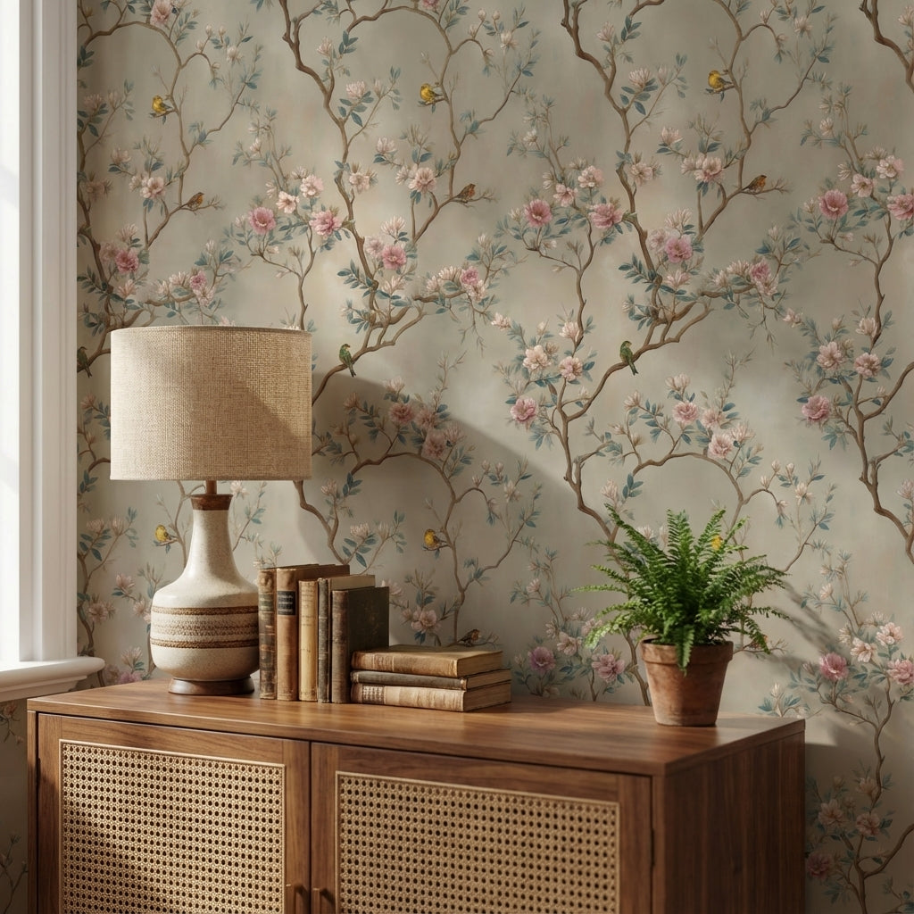 Beige Cherry Blossom and Bird Vintage Wallpaper