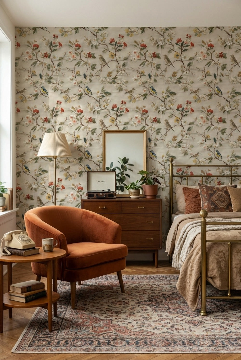 Cream Vintage Floral and Bird Pattern Wallpaper