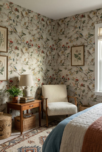 Cream Vintage Floral and Bird Pattern Wallpaper