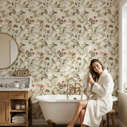 Cream Vintage Floral and Bird Pattern Wallpaper