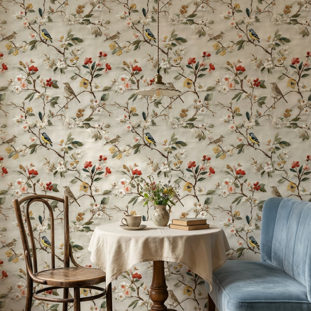 Cream Vintage Floral and Bird Pattern Wallpaper