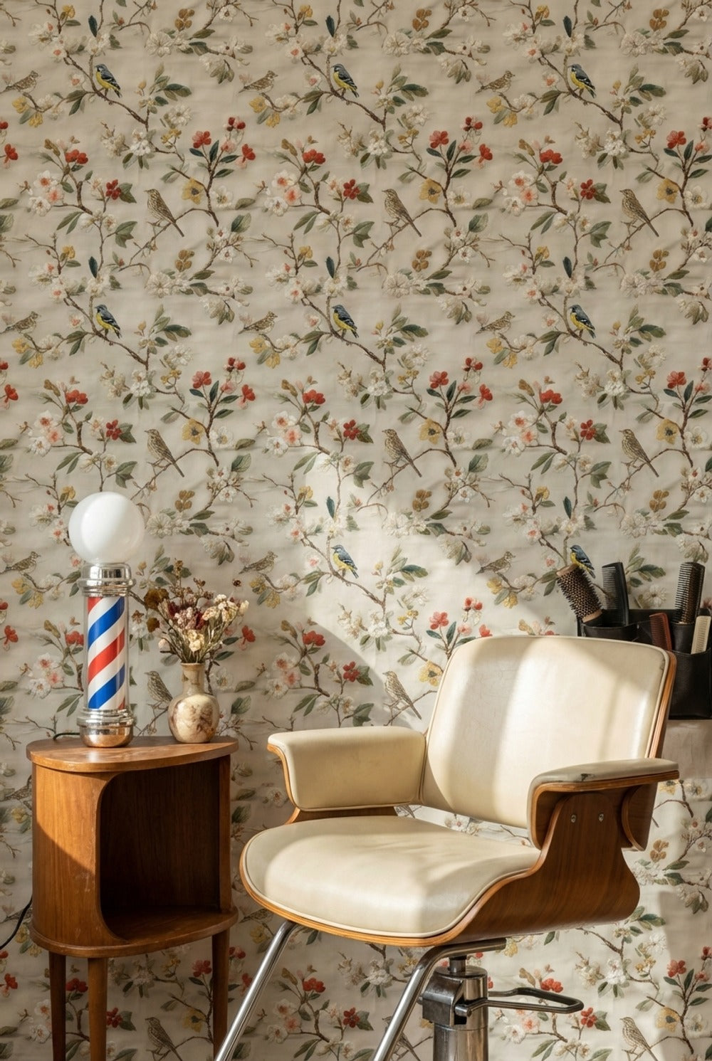 Cream Vintage Floral and Bird Pattern Wallpaper