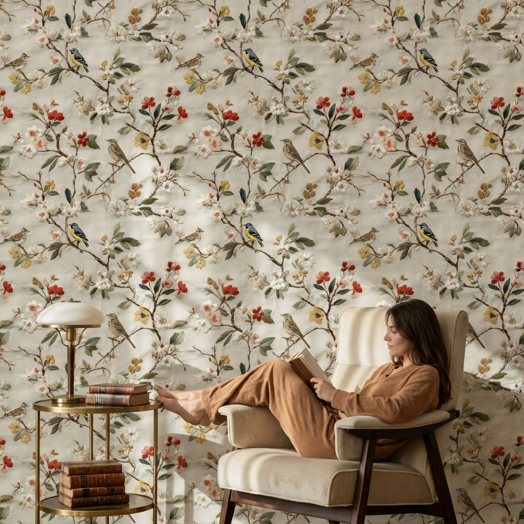 Cream Vintage Floral and Bird Pattern Wallpaper
