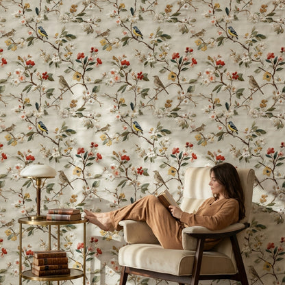 Cream Vintage Floral and Bird Pattern Wallpaper