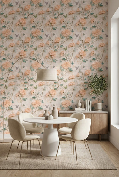 Peach Blossom Rose and Butterfly Wallpaper