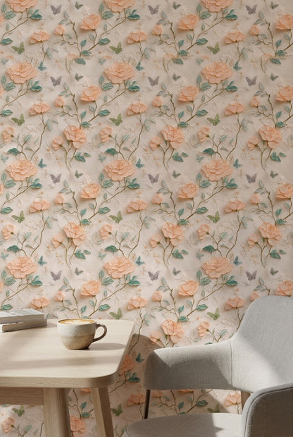 Peach Blossom Rose and Butterfly Wallpaper