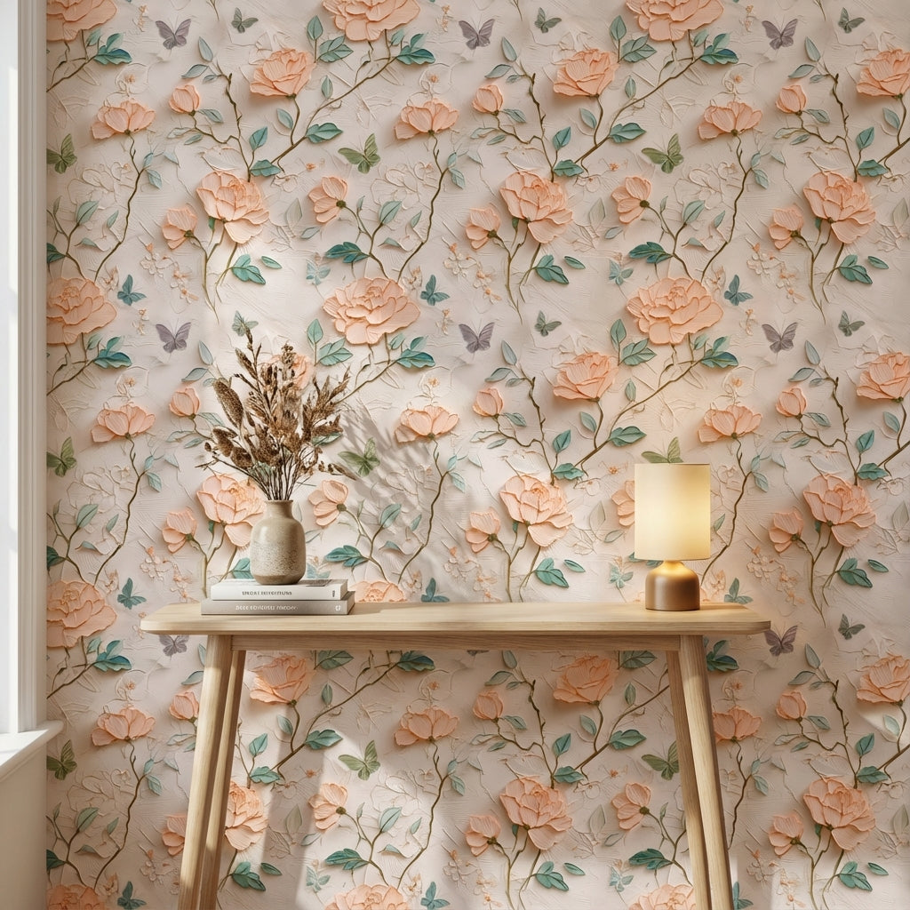 Peach Blossom Rose and Butterfly Wallpaper