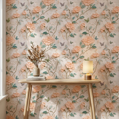 Peach Blossom Rose and Butterfly Wallpaper