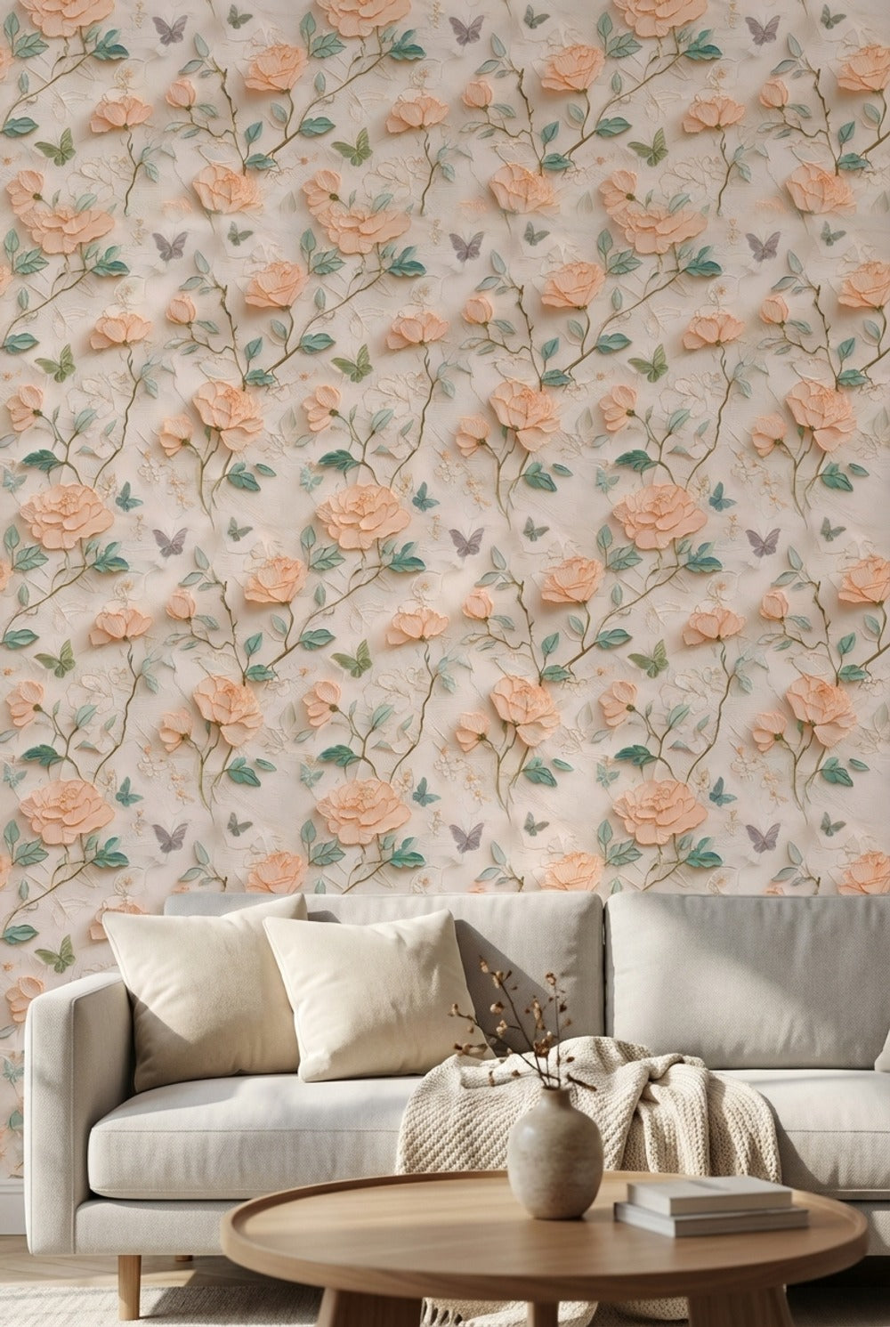 Peach Blossom Rose and Butterfly Wallpaper