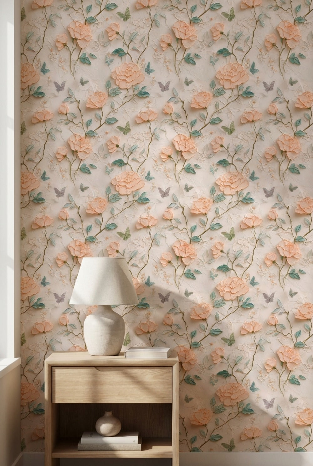 Peach Blossom Rose and Butterfly Wallpaper