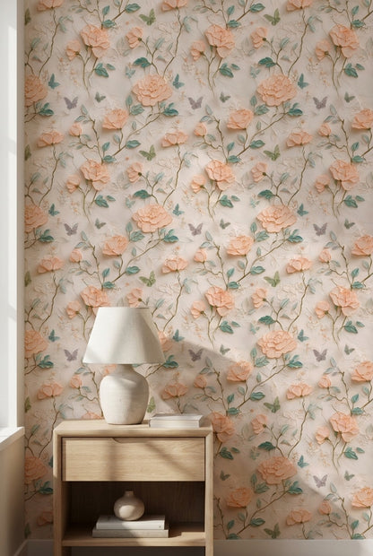Peach Blossom Rose and Butterfly Wallpaper