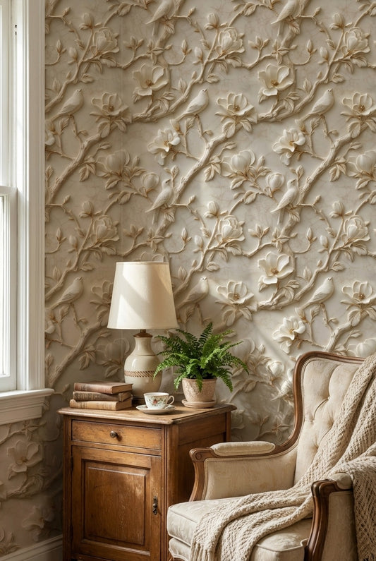 Beige 3D Magnolia and Bird Botanical Wallpaper