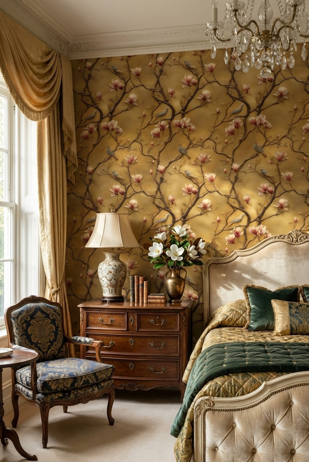 Golden Look Magnolia and Birds Chinoiserie Wallpaper
