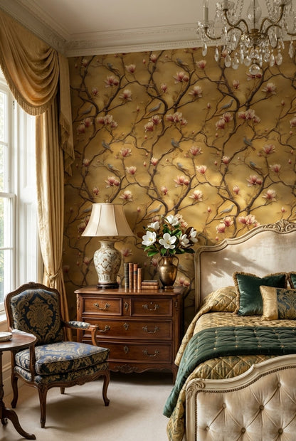 Golden Look Magnolia and Birds Chinoiserie Wallpaper