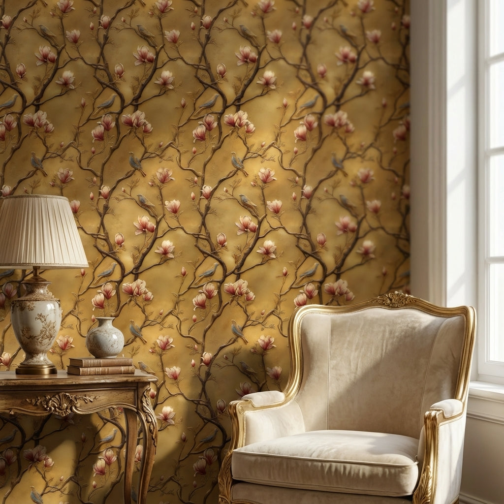 Golden Look Magnolia and Birds Chinoiserie Wallpaper