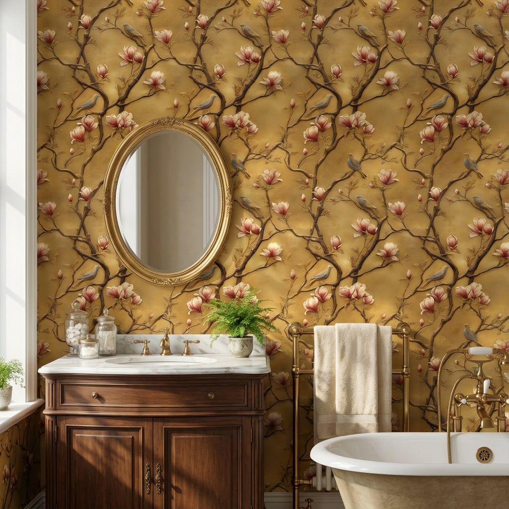 Golden Look Magnolia and Birds Chinoiserie Wallpaper