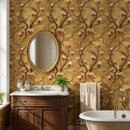 Golden Look Magnolia and Birds Chinoiserie Wallpaper