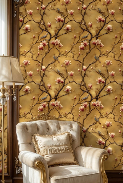 Golden Look Magnolia and Birds Chinoiserie Wallpaper