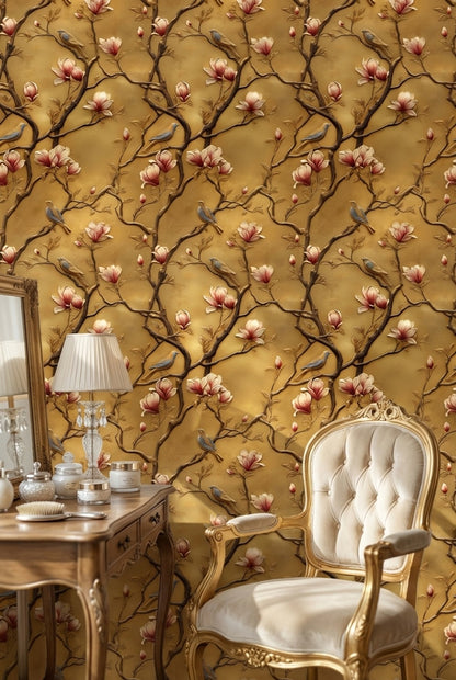 Golden Look Magnolia and Birds Chinoiserie Wallpaper