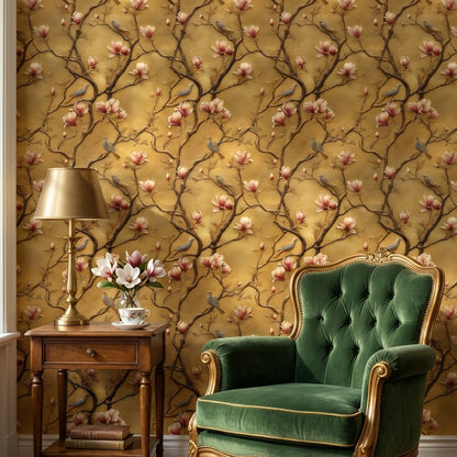 Golden Look Magnolia and Birds Chinoiserie Wallpaper