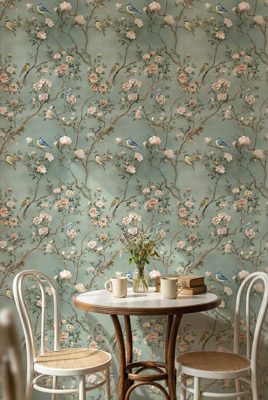Mint Green Cherry Blossom and Bird Wallpaper