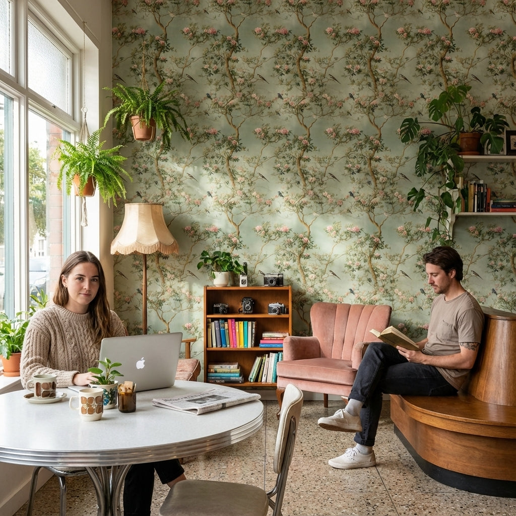 Muted Green Chinoiserie Floral and Bird Wallpaper