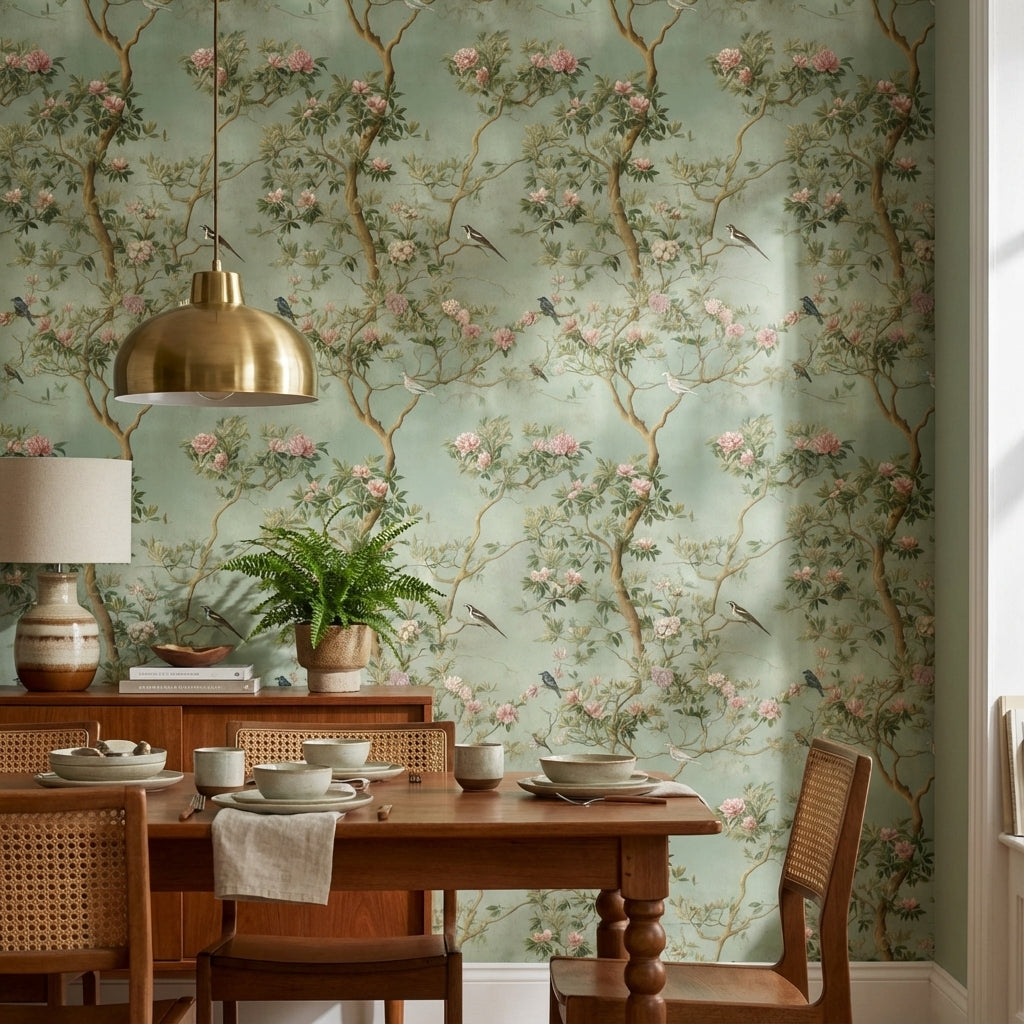Muted Green Chinoiserie Floral and Bird Wallpaper