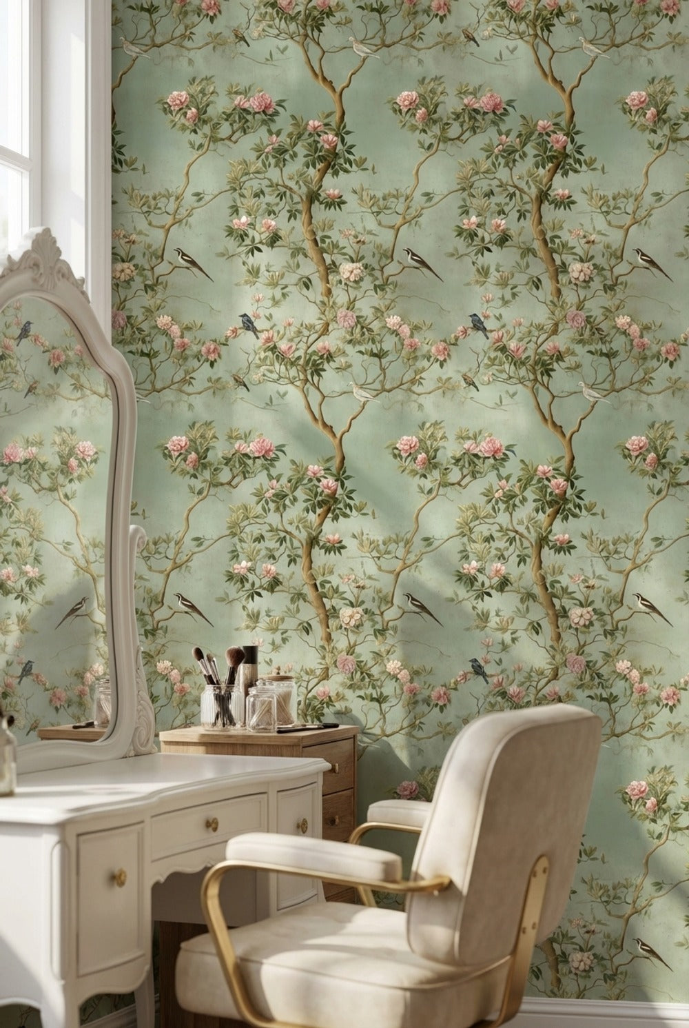 Muted Green Chinoiserie Floral and Bird Wallpaper