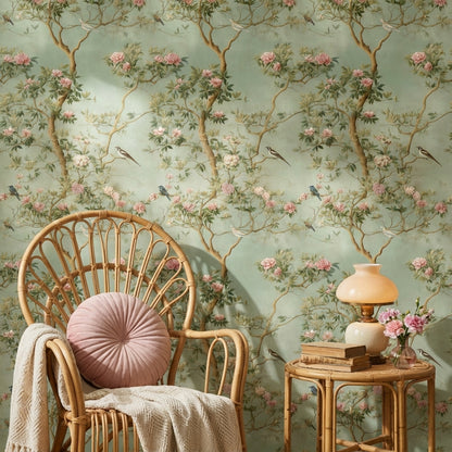 Muted Green Chinoiserie Floral and Bird Wallpaper