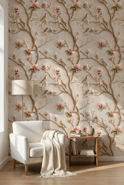 Cream Magnolia and Bird Branch Wallpaper