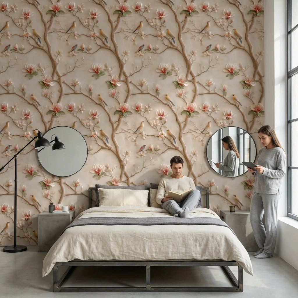 Cream Magnolia and Bird Branch Wallpaper